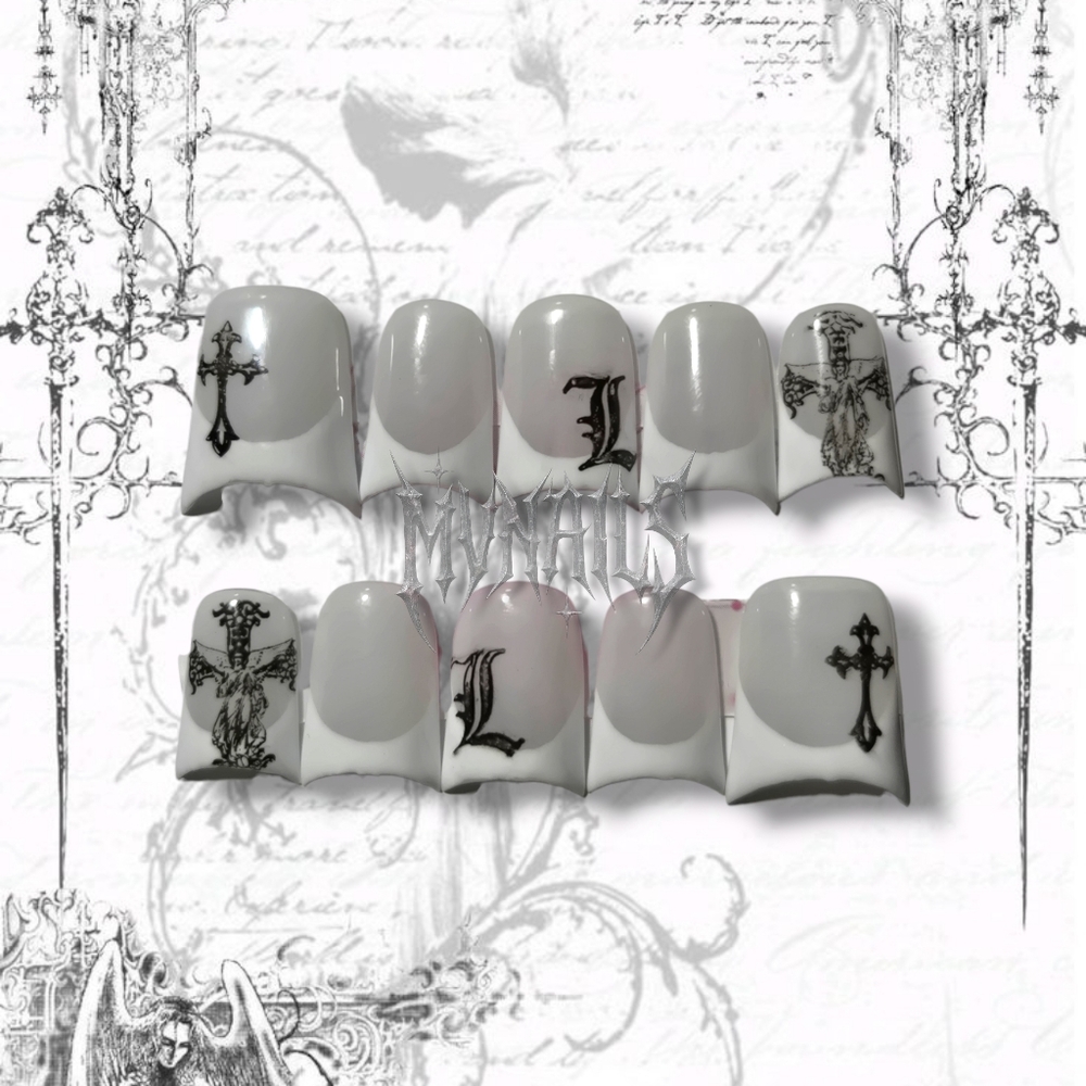 White Gothic Nail Set with Black Cross Design